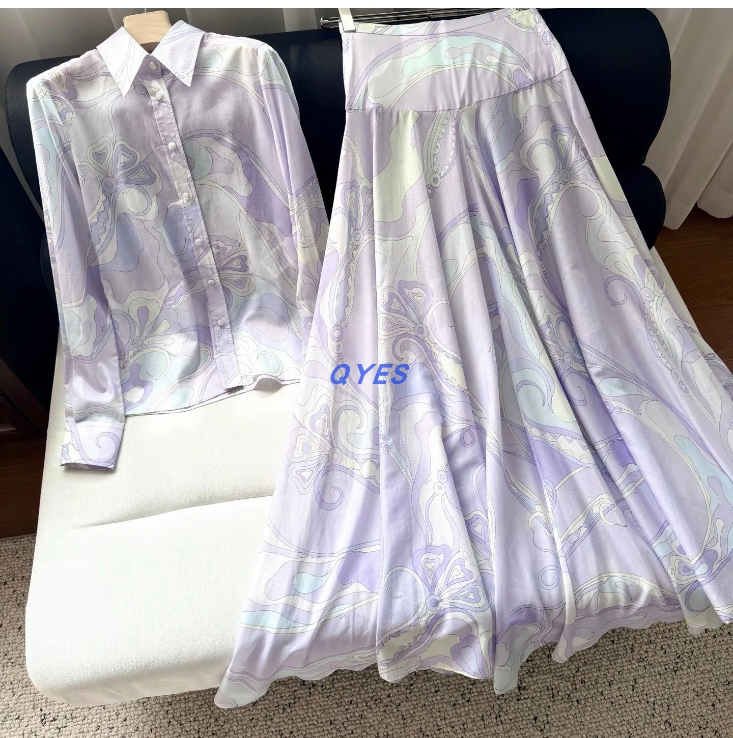 Silk-Like Lightweight Printed Shirt Skirt Pure Sunlight Garden Design Women's High Waist Cotton Umbrella Skirt Spring Fashion