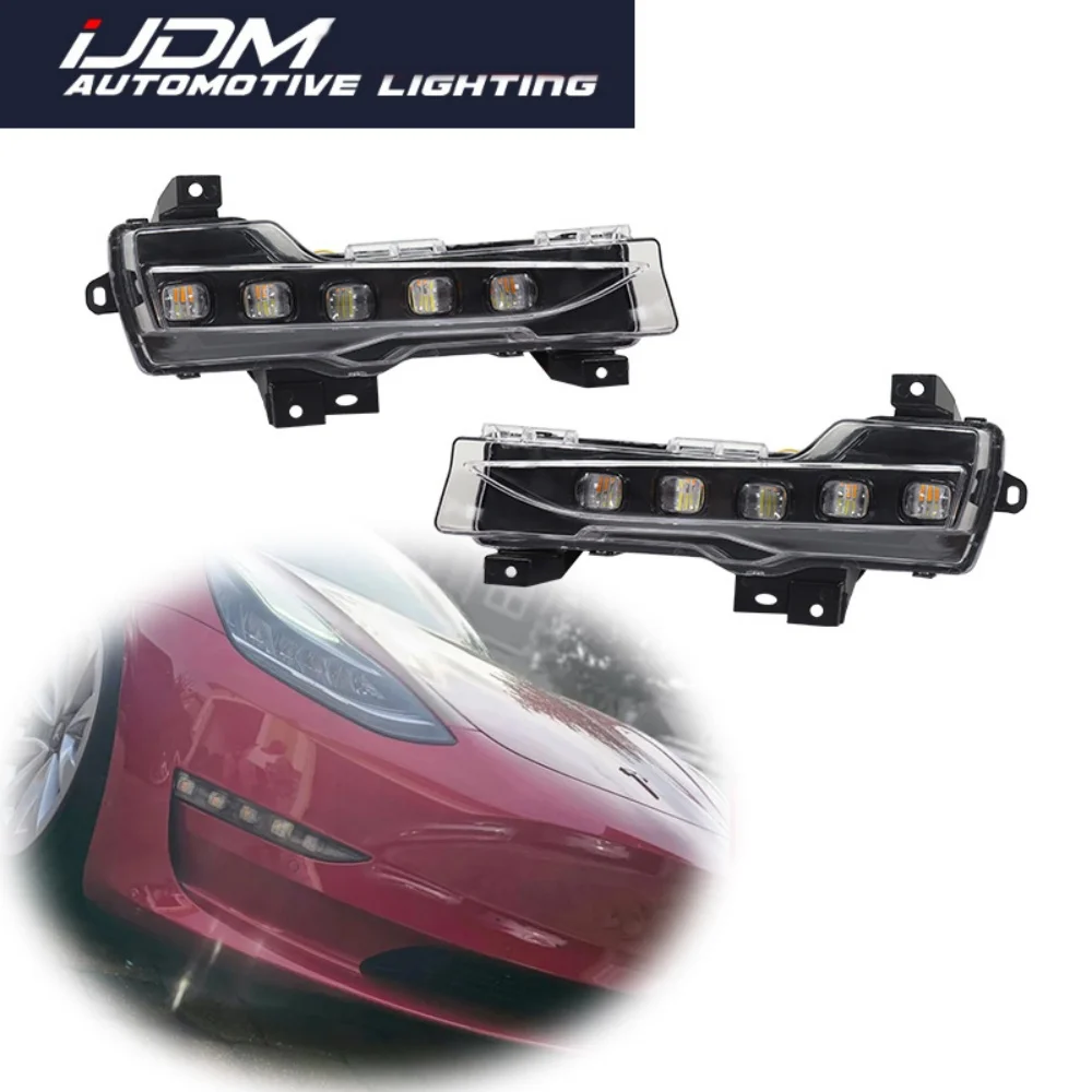 For Tesla Model 3 2017-2023 & Model Y 2020-up Switchback LED White Running/Fog Lights DRL w/ Sequential Blink Turn Signal Lights