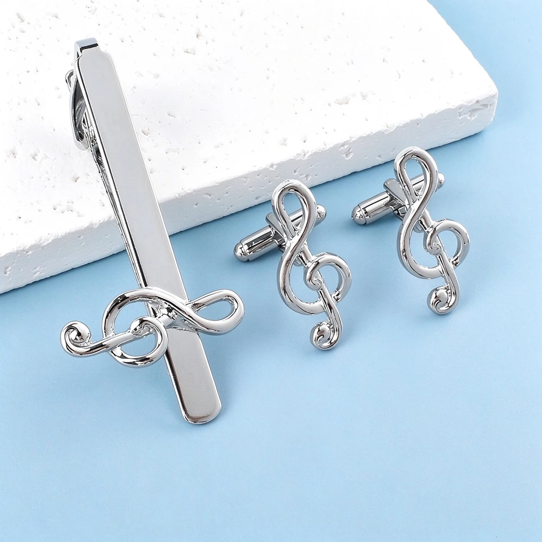 Treble Clef Music Note Cufflinks Tie Clip Set Musical Symbol Design Mens Tie Bar Cuff Links For Musician Business Wedding Suits