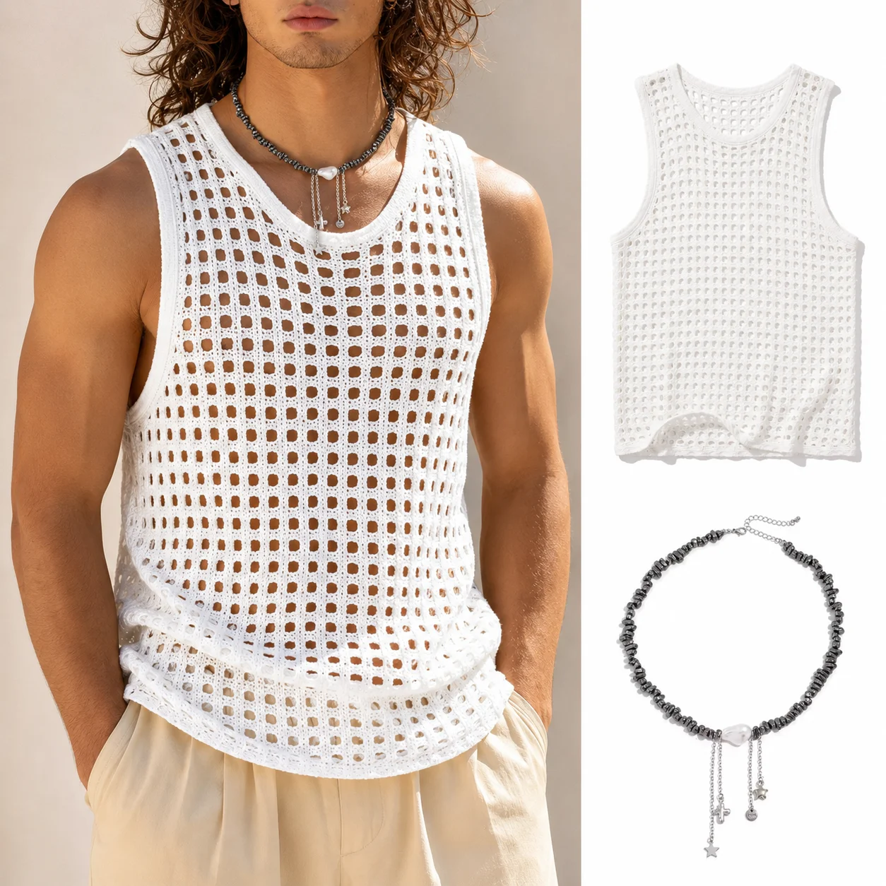2026 Men's Crochet Top Hollow Out Mesh Knit Sleeveless Summer Beach Vacation Boho Style Breathable Muscle Fit 3XL Hot Sale