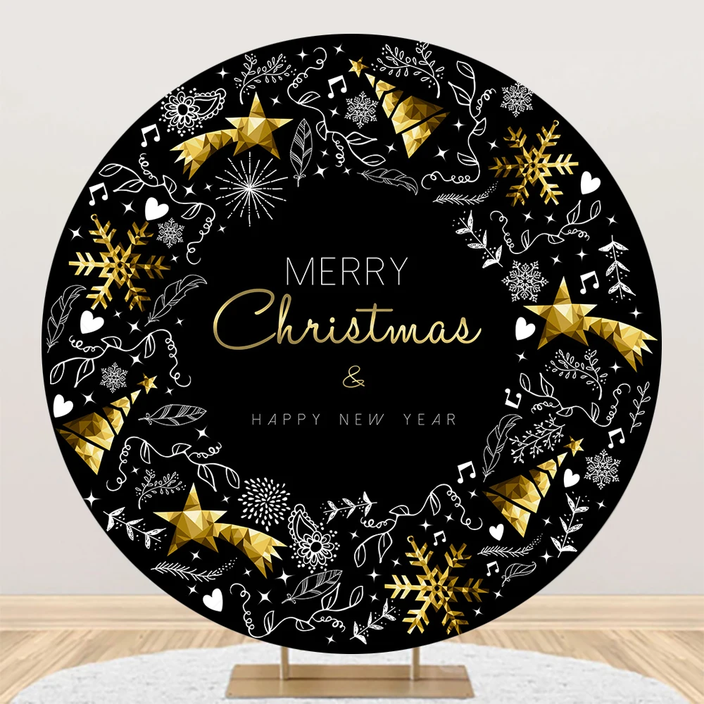 Round Christmas Backdrop Custom Xmas Tree Elk Santa Claus Gift Family Party Decoration Black Red Circle Photography Backgrounds