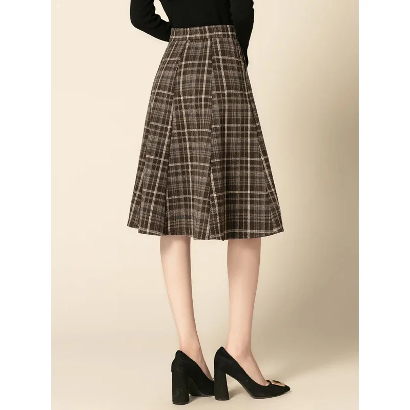 Womens 2024 Autumn/Winter Plaid Pleated Skirt Fashion High Waist Ladies S L XL XXL 3XL Size Female Knee-Length Skirt