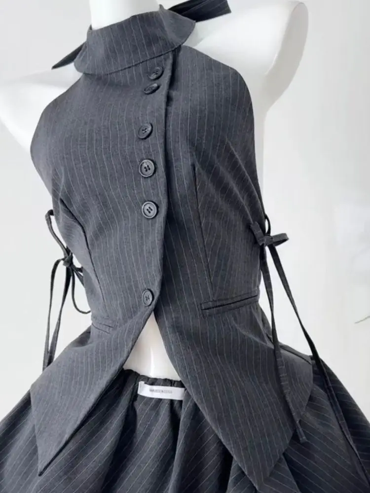 Y2K Elegant Summer Korean Women 2 Piece Set Pinstripe Sleeveless Halter Tie Button Tops+ Low Waist Mini Bubble Skirt Outfits New