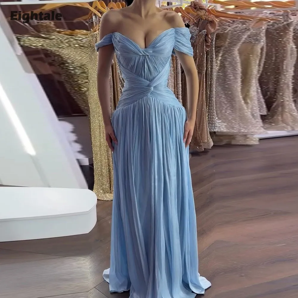 Eightale Arabic Evening Dress off the Shoulder Baby Blue Customized Pleats Floor Length A-Line Muslim Prom Wedding Party Gown