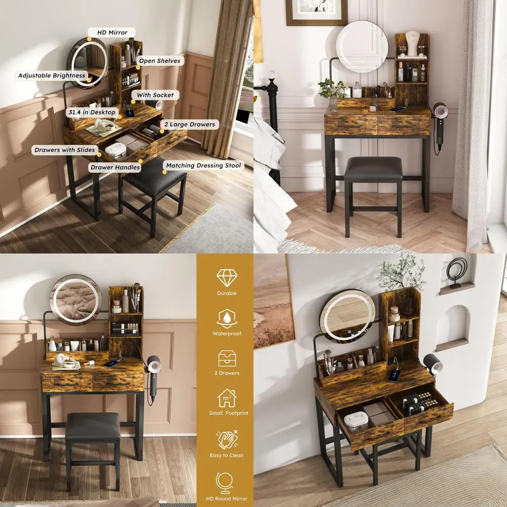 

Brown Illuminated Makeup Vanity Table with 2 Drawers and Metal Legs