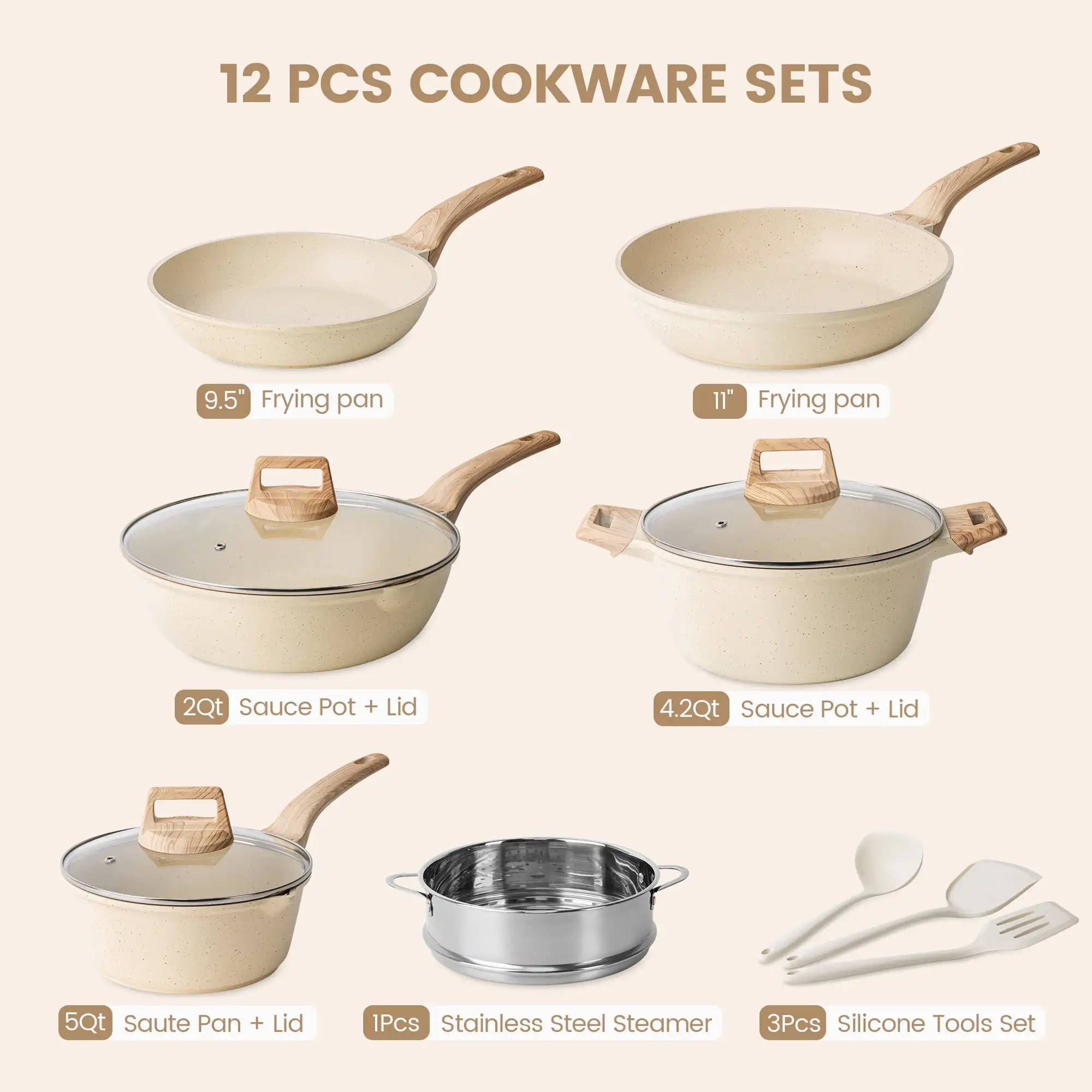 12 Piece Nonstick Cooking Cookware Set Pots and Pans Beige Granite Ergonomically Designed Handles Nonstick Granite Material