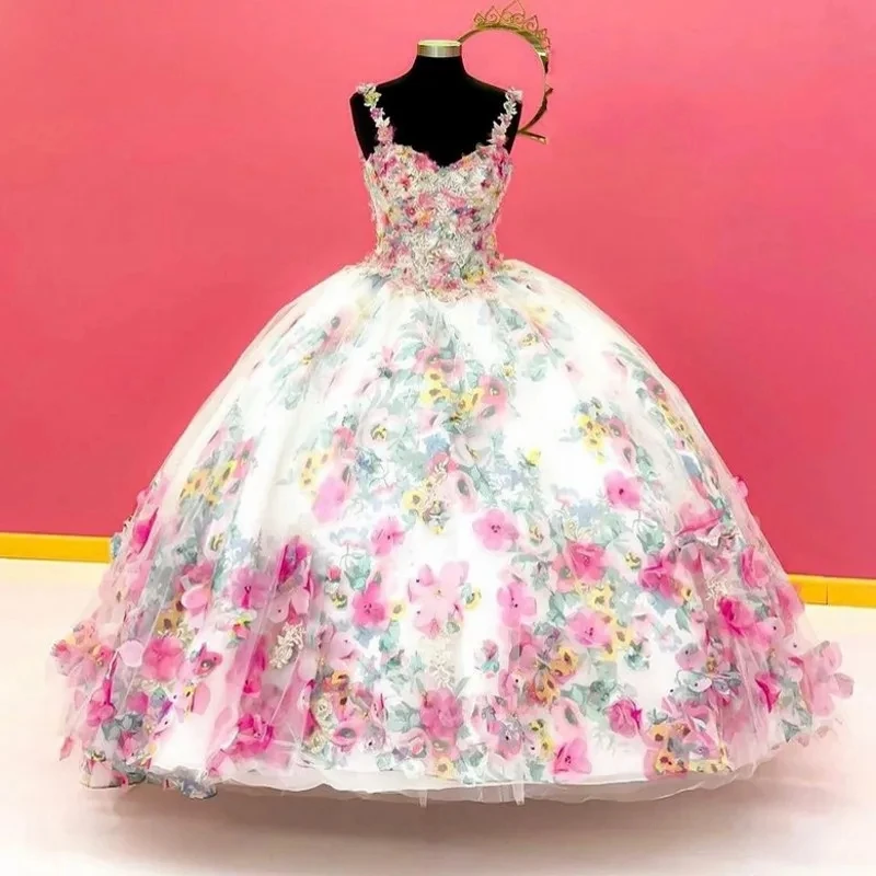 Princess Quinceanera Dresses Ball Gown Off The Shoulder Tulle Floral Sweet 16 Dresses 15 Años Mexican