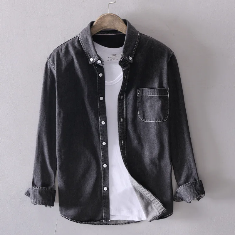 #4402 100% Cotton Denim Shirt Men Long Sleeve Washed Vintage Shirt For Man Spring 2025 Casual Black Blue Retro Plus Size 3XL 4XL