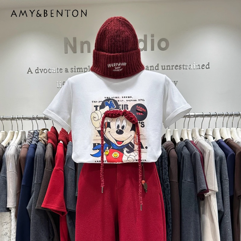 

Heavy Craft Cartoon Print Short Sleeved T-shirt For Women's 2026 Spring Regular Shoulder Slimming Cartoon Inner Wear Top Tshirts