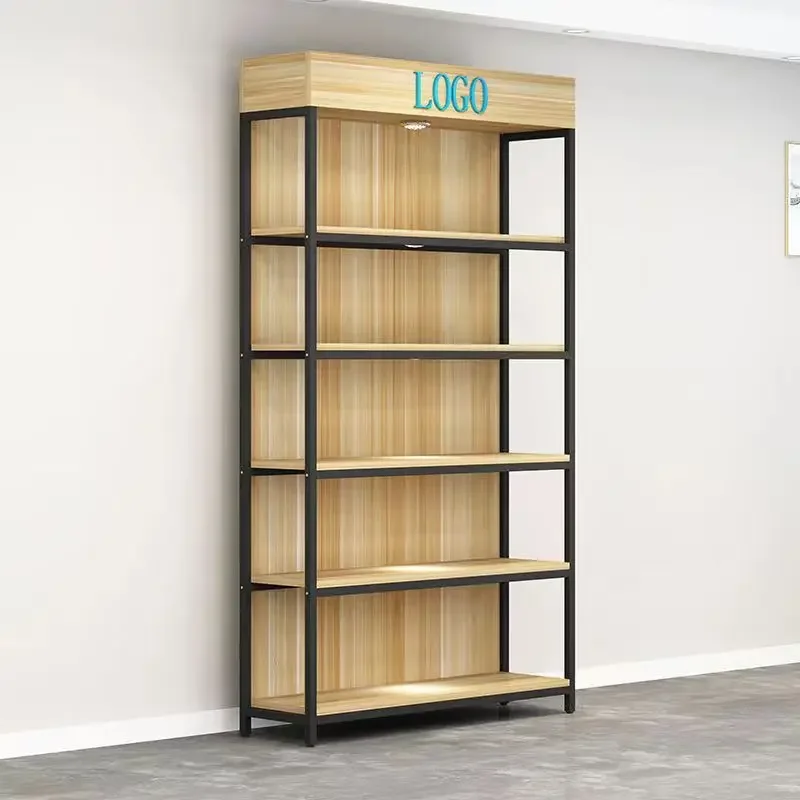 

Factory Direct Made Wood Floor Skincare Shelves Wooden Storage Stand Metal Cosmetic Display Rack For Cosmetic Shops