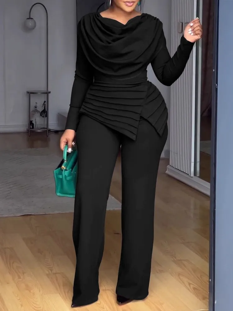 Monos fruncidos con cuello oscilante liso, monos elegantes de manga larga para oficina para mujer, dobladillo asimétrico, peleles ajustados fruncidos Vintage informales para otoño