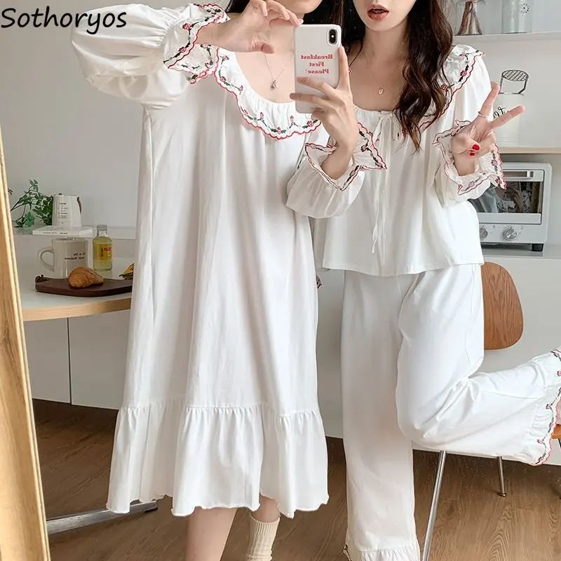 Pajama Sets Women Embroidery Retro Korean Style Lovely Baggy Sleepwear Student Ins Popular Hot Sale Trendy Harajuku Homewear New