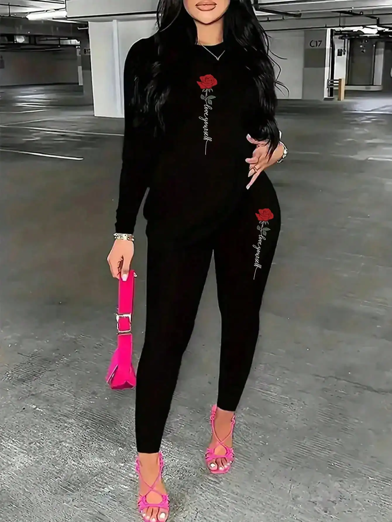 

2026 Women's Casual Elegant Rose Printed Two Piece Solid Color Round Neck Long Sleeve T-shirt and Solid Color Printed Pants Set