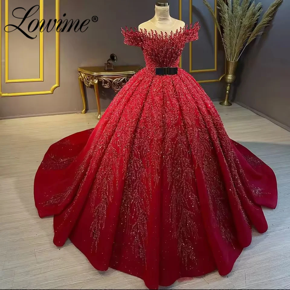 

Puffy Ball Gown Evening Dresses Red Celebrity Dress Customized 2026 Off The Shoulder Crystals Arabic Dubai Women Prom Party Gown