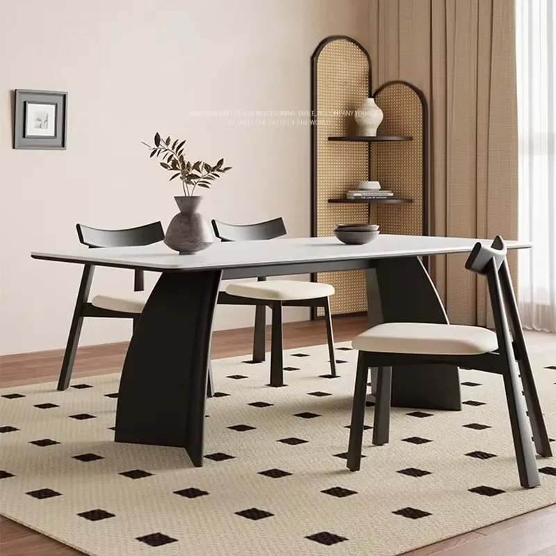 Modern Solid Wood Rectangular Dining Table Set with Marble Top 6 Chairs Durable High Quality Furniture for Hotel Villa Home