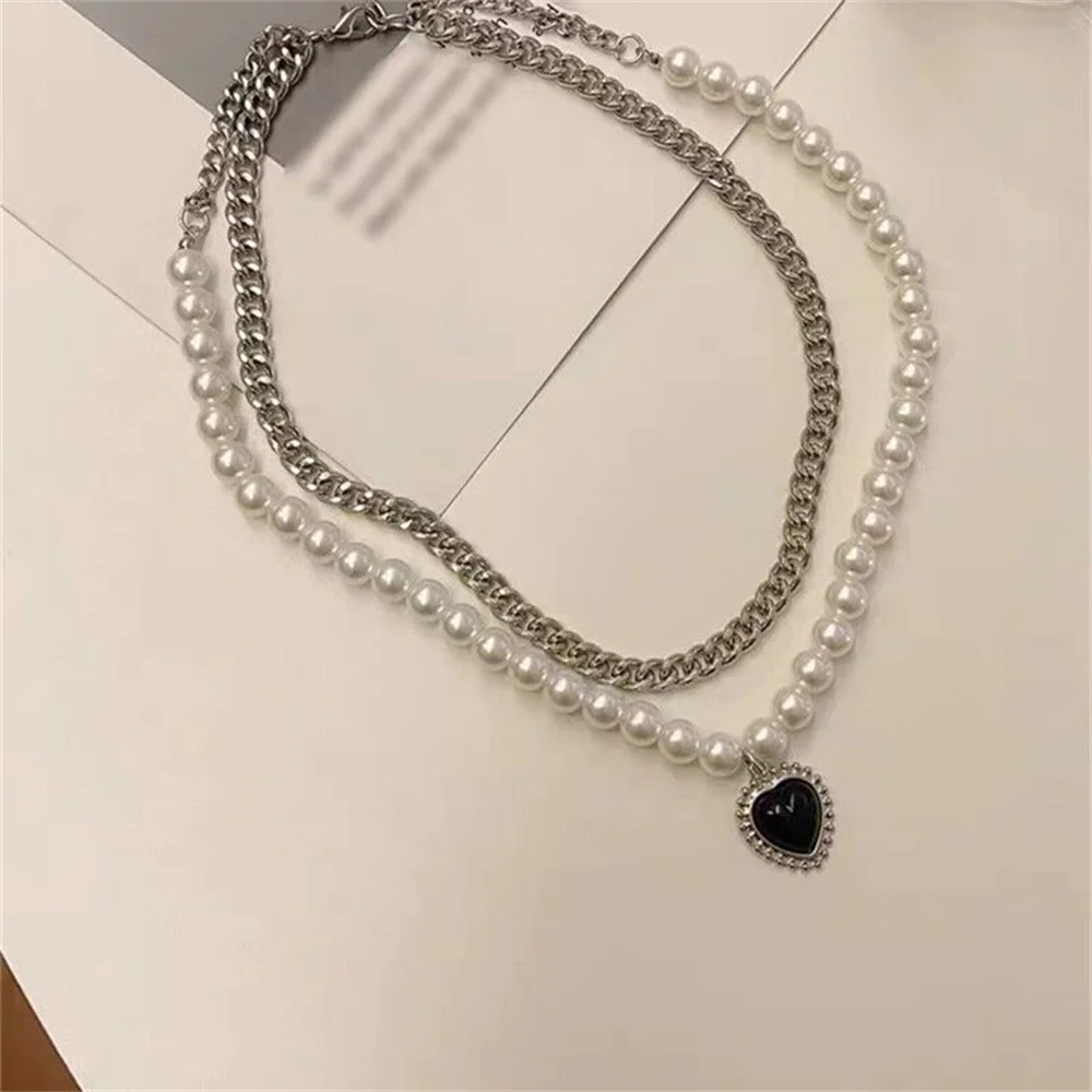 Vintage Schwarze Herzanhänger-Halskette für Frauen Rock Mehrschichtige Imitationsperlen Kubanische Kette Choker Modeschmuck Dropshipping – Detail 4