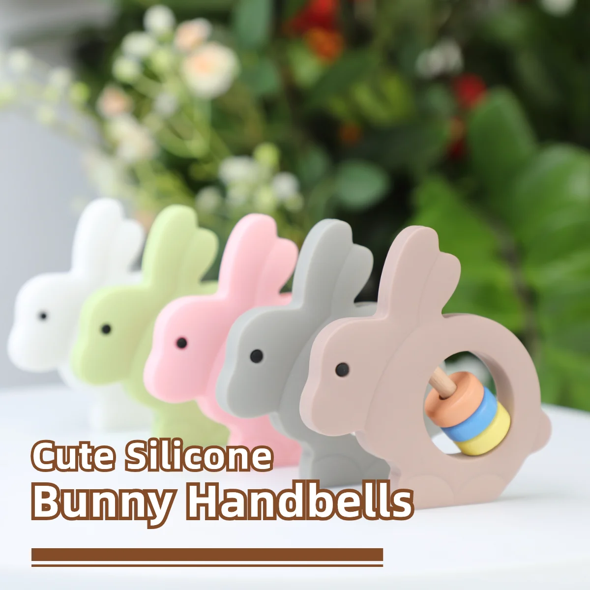 Chattles de silicone para crianças, Animal Bunny Handbells, recém-nascido bebê cama Bell, brinquedos educativos, mordedor de grau alimentício