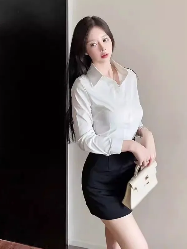 

Новый женский осенне-зимний комплект из двух предметов: белая блузка с длинным рукавом и юбка для офиса/работы, сексуальный и элегантный стиль