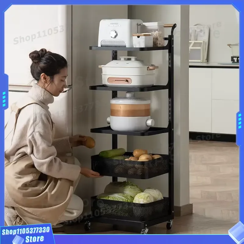 Multi Layer Metal Kitchen Storage Rack Floor Standing Pot Organizer Movable Trolley For Fruit Vegetable Basket Non Folding