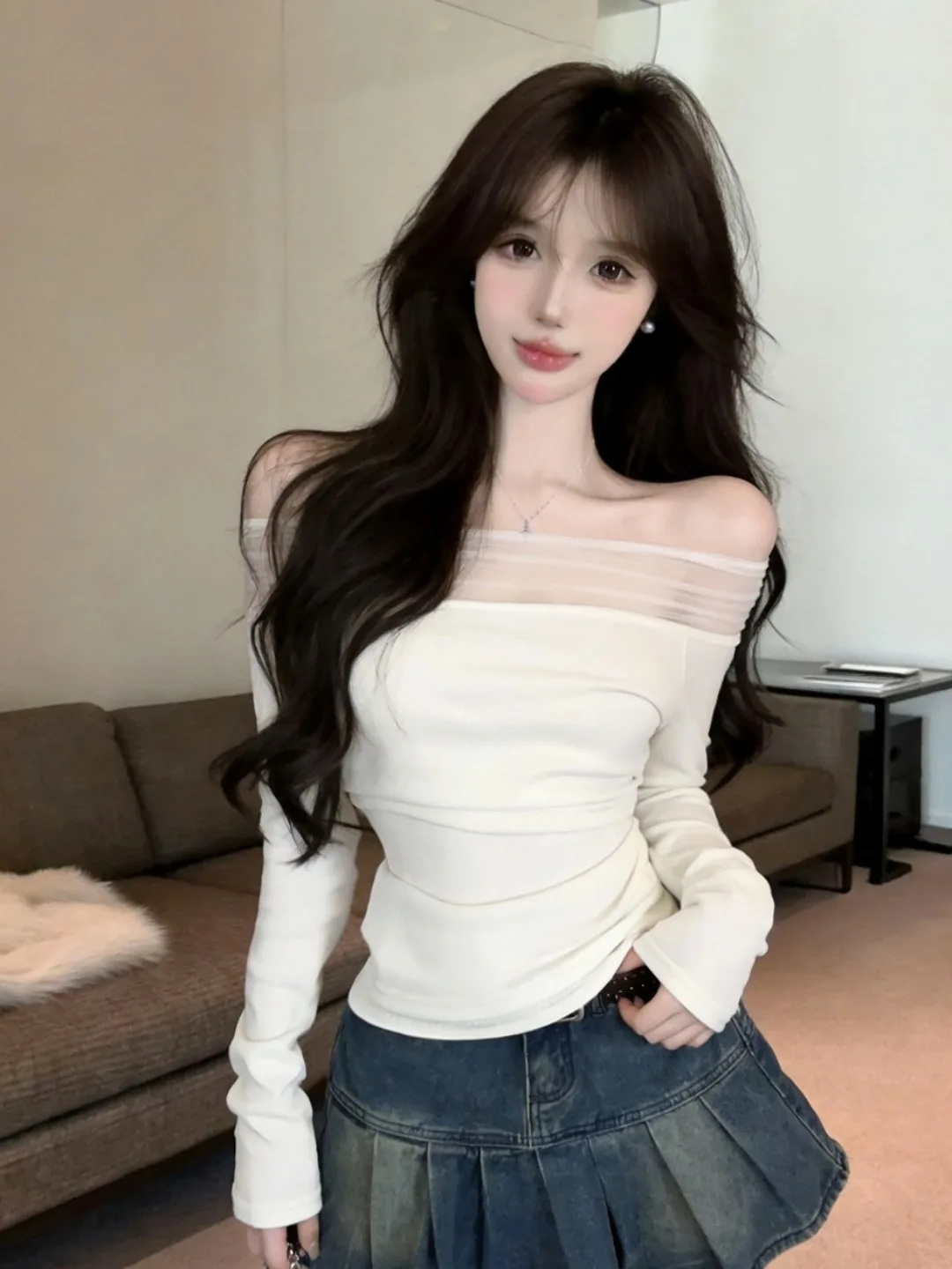 Slim Fit Long Sleeve Knitted T-Shirt Women's One Shoulder Mesh Insert Casual Style Fashionable Slimming Knitwear Top for Girls