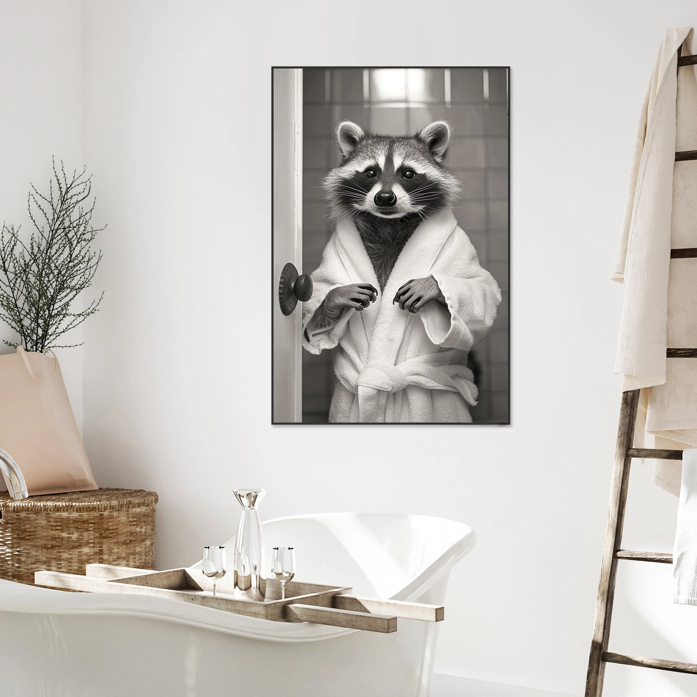 Black and White Cute Raccoon In Bathrobe Peering From Shower Wall Art Canvas Poster Home Kid Bedroom Decor