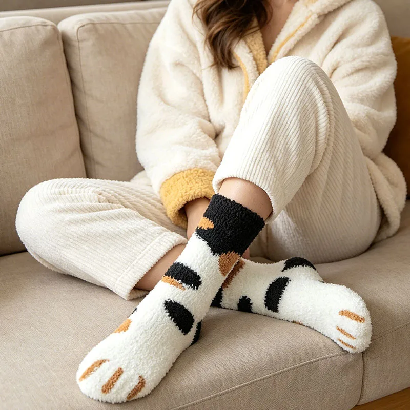Women Kawaii Cat Paw Plush Socks Winter Warm Fluffy Dot Striped Cartoon Patterned Mid Calf Coral Fleece Home Floor Socks