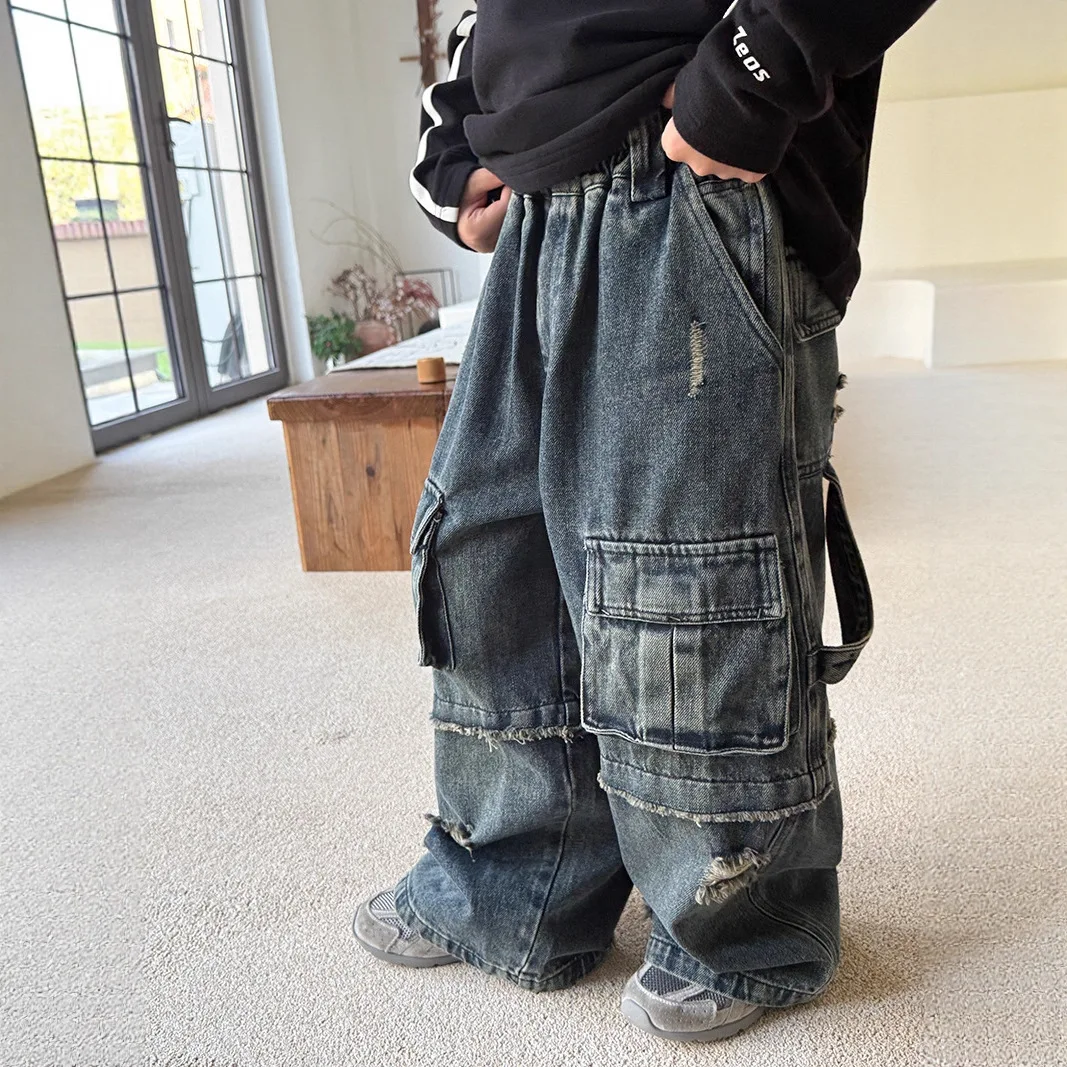 

Boys Distressed Denim Cargo Pants 2025 New Autumn Spring Kids Fashion Jeans with Washed Ripped for Toddler and Children