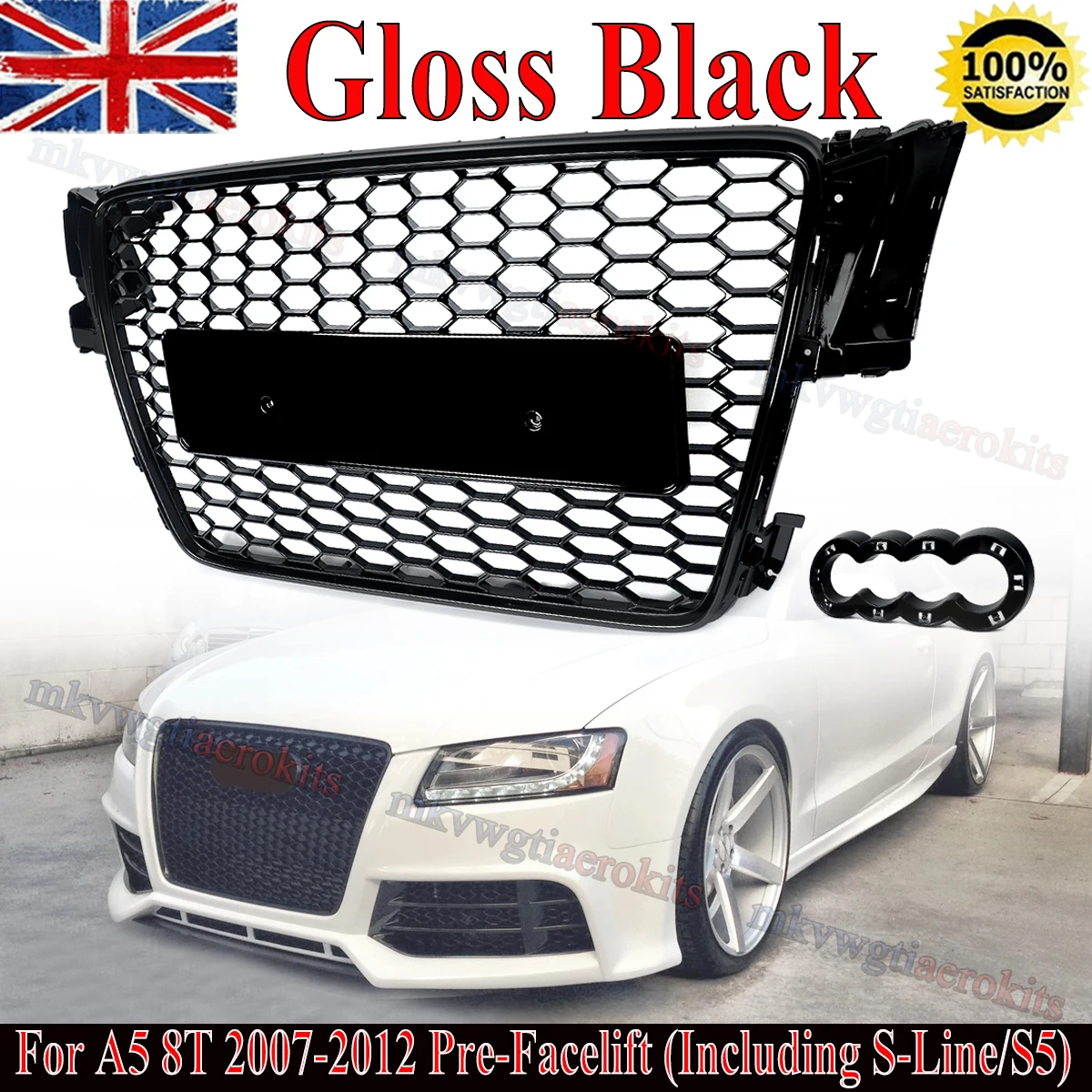 Griglia paraurti anteriore stile nido d'ape Magickit per Audi A5 B8 S5 RS Style 2007-2012, griglia radiatore con presa d'aria, griglia da corsa, nero lucido, ABS