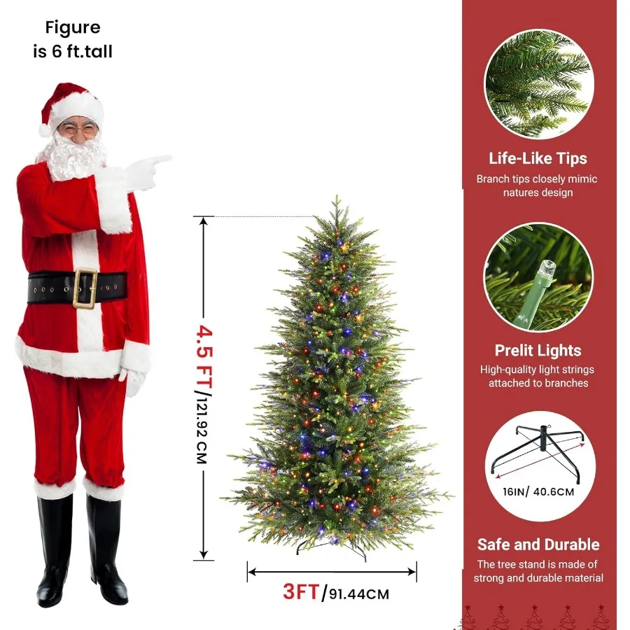4.5ft Prelit Aspen Noble Fir شجرة عيد الميلاد الاصطناعية المفصلية المزيفة مع مؤقت التحكم عن بعد مضاءة مسبقًا 200 أبيض دافئ متعدد الألوان L