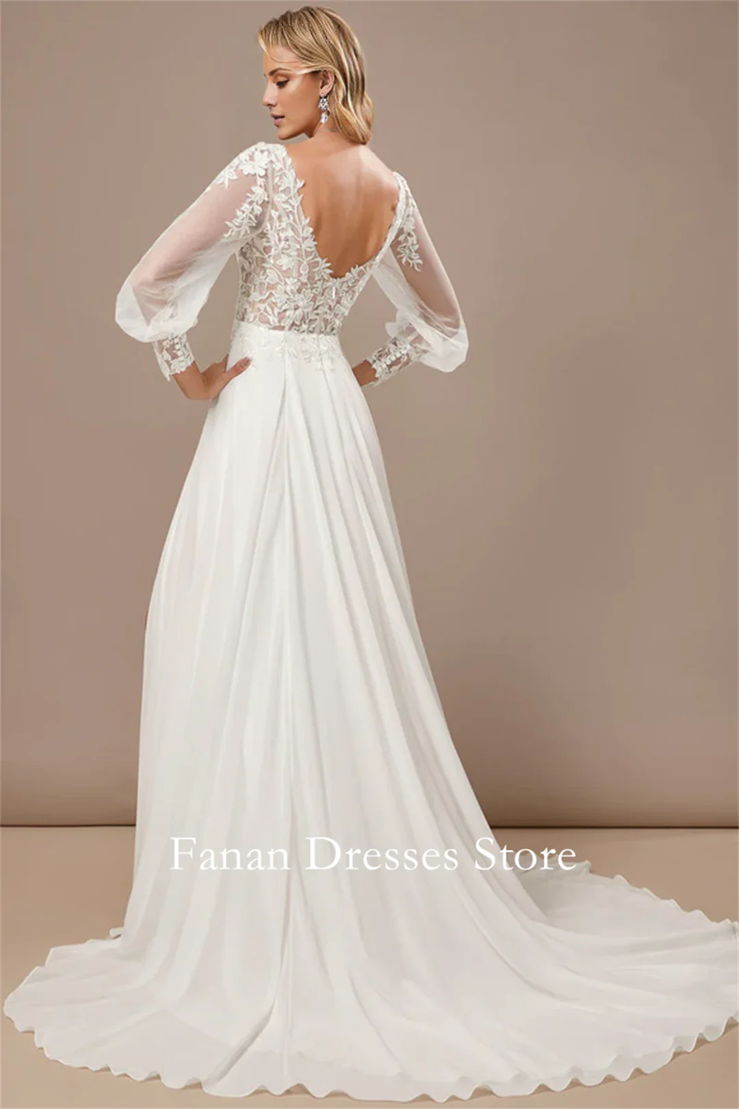 FANAN Corea Escote en V Mangas abullonadas de gasa Vestidos de novia Una línea de gasa acanalada Vestidos de novia con abertura lateral Dende Orvorio Personalizado