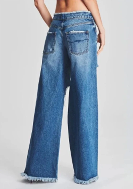 Y 2K Dames Jeans Rechte Cargo Broek Punk Onregelmatige Kwast Gat Gescheurde Denim Hoge Taille Broek Wijde Pijpen Streetwear