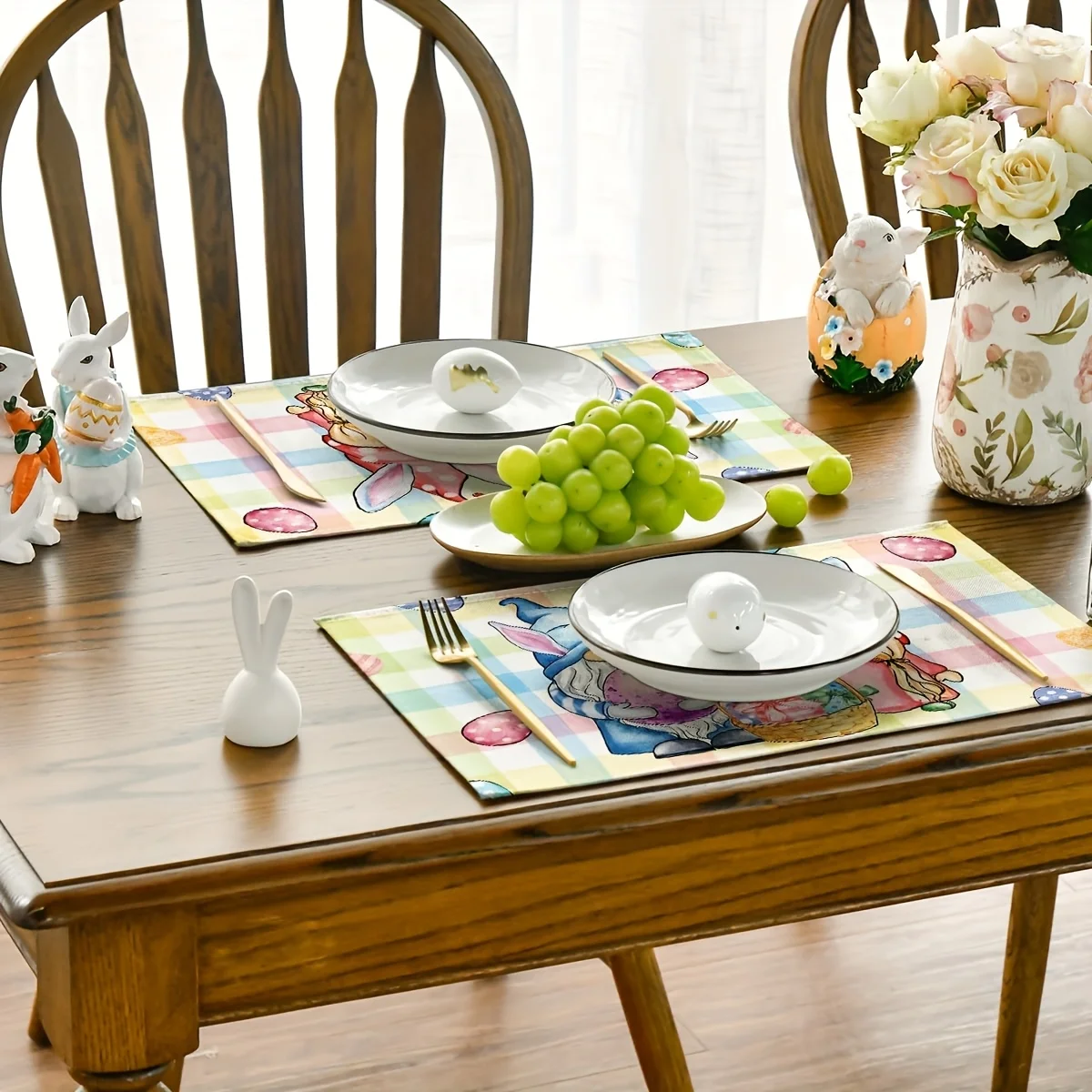 1PC Pink Green Buffalo Plaid Bunny Gnomes Eggs Easter Placemats Seasonal Table Mats for Party Kitchen Dining Decoration