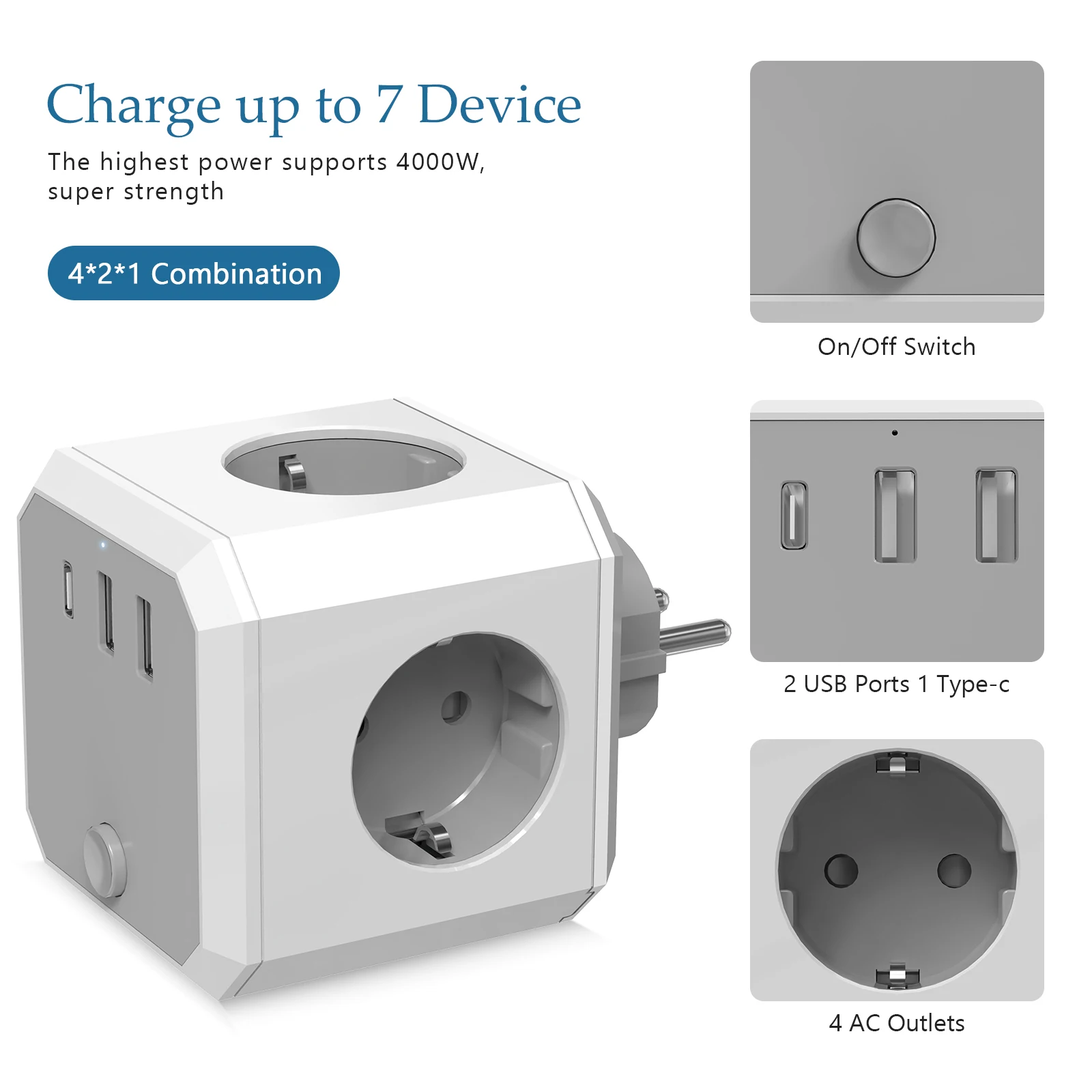 Power Strip Cube with 4 AC Outlets 2 USB Charger Ports 1Type C Multiple Socket with Switch 4000W/250V Wall Plug for Office Home