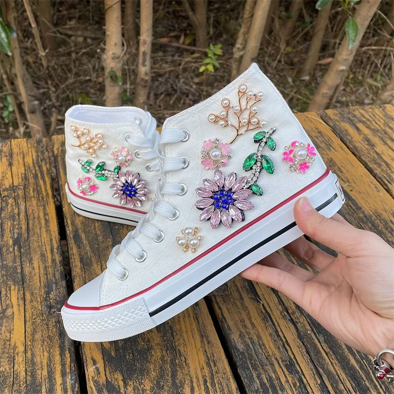 Original National Crystal Flower High-top Canvas Shoes Handmade Girl Sneakers Sweet Lace-up Women\'s  White Vulcanized