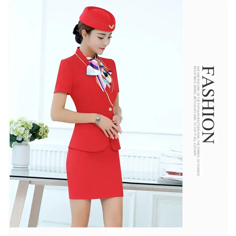 Traje de azafata de manga corta para mujer, uniforme de aviación, uniforme de asistente de vuelo, novedad de verano