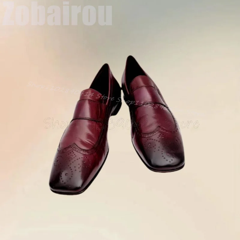 Burgandy Carving Design Square Toe Loafers Fashion Slip On Men Shoes Luxury Handmade Party Feast Banquet Office Men Dress Shoes