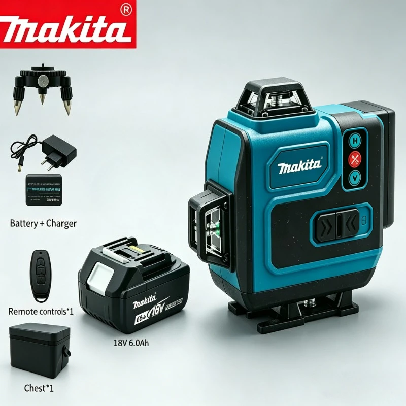 

Makita 18V Battery, 360° Laser Level, 12/16 Lines Green/Red Beam, Self-Leveling with Remote Control, for Construction Tiling.