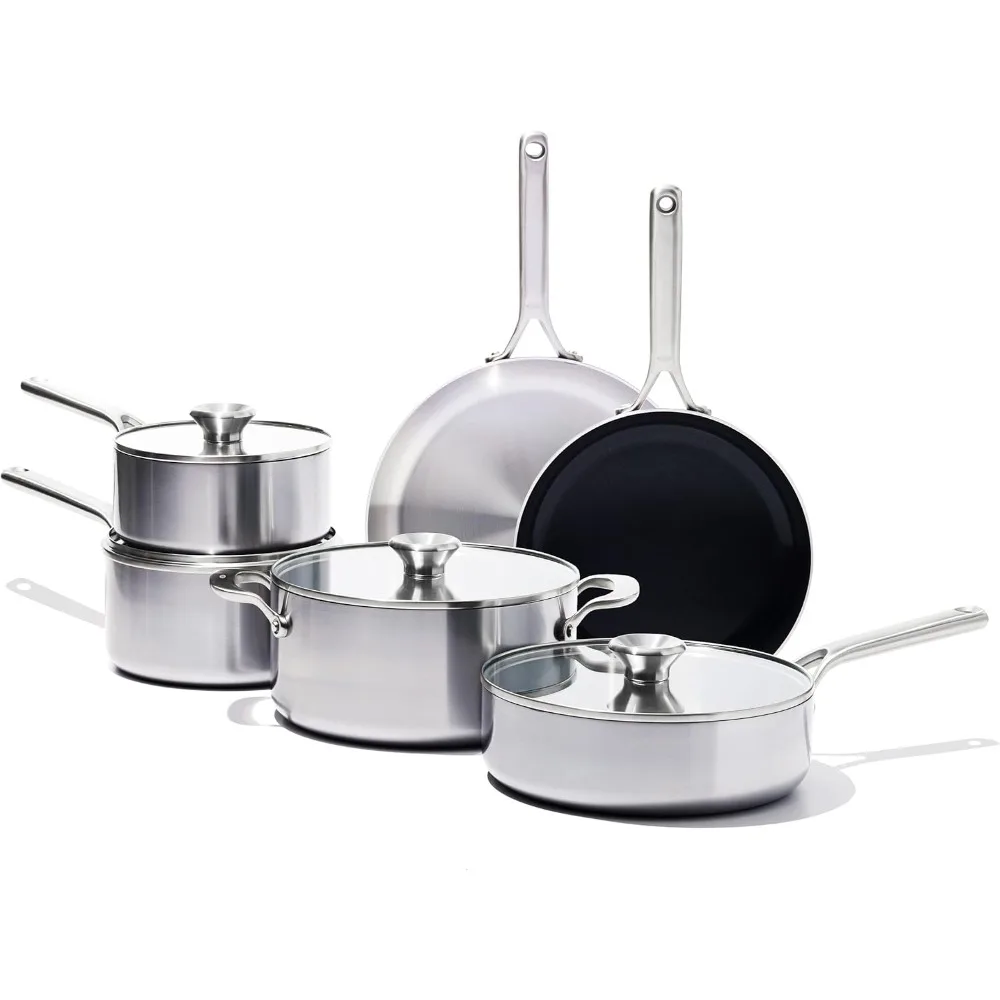 Tri-ply Stainless Steel, 10 Piece Cookware Pots and Pans Set including Ceramic Nonstick Frying Pan