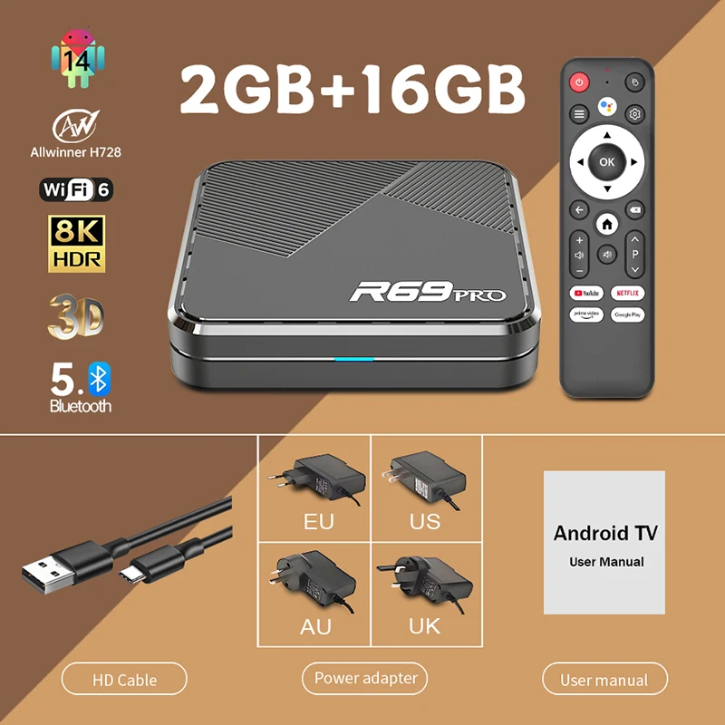 Janmifly R69 PRO Set-Top-Box Android 14 Allwinner H728 WiFi 6, unterstützt Ultra HD 8K Bluetooth 5.0 Smart-TV-Box Netflix YouTube