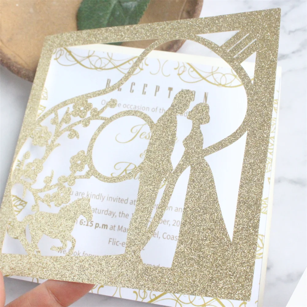 Romantic Glittery Guitar Laser Cut Card Invitation For Wedding Bridal Shower Customized Text Printing 50 Sets