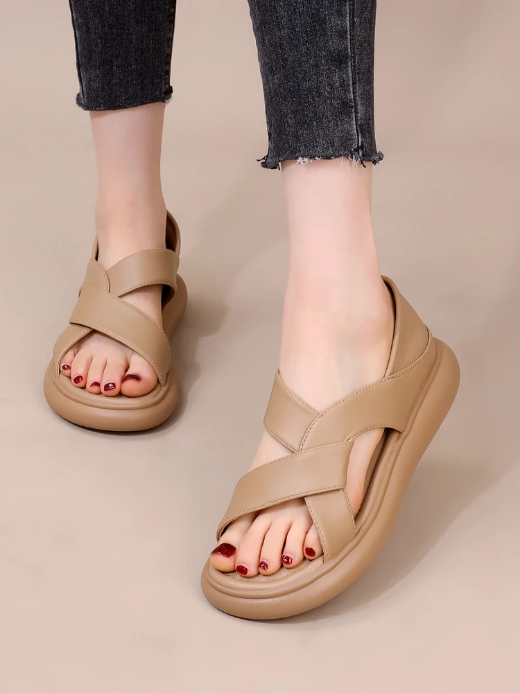 

Римские пляжные сандалии из натуральной кожи, женские летние уличные мягкие двусторонние тапочки на плоской подошве, дышащие полые тапочки