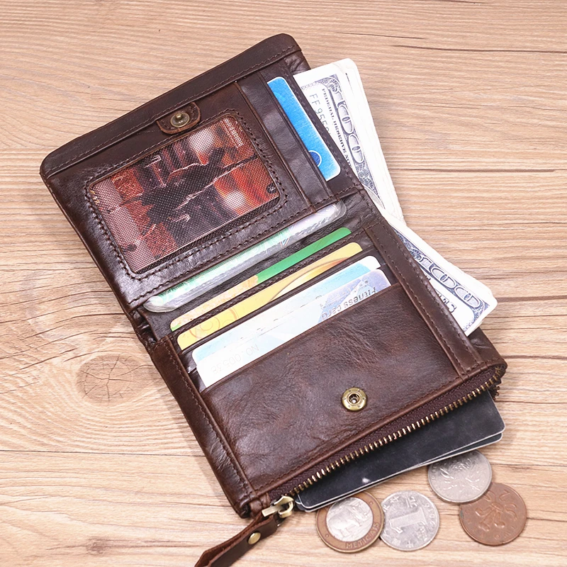 

Genuine Leather Wallet For Men Vintage Real Cowhide Short Bifold Male Men's Purse With ID Credit Card Holder Zipper Coin Pocket