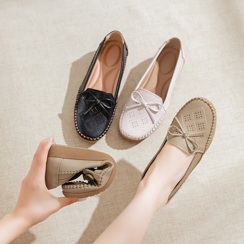 

New soft bowknot ballet flats women's autumn cutout loafers slim foot shoes big size 42 drive flats woman faux leather moccasins