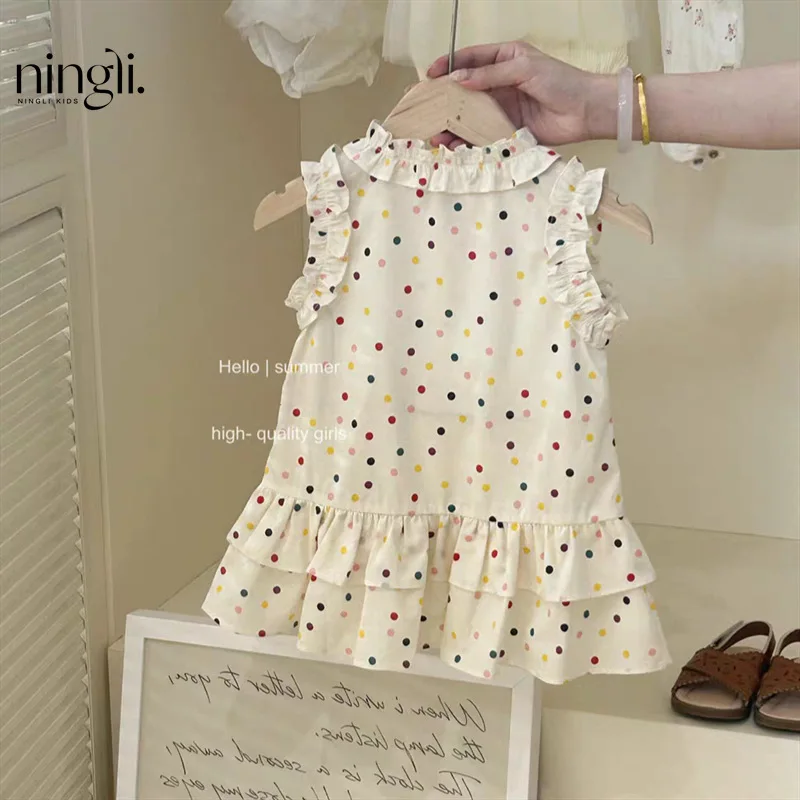 South Korea Girls' Summer New Colorful Polka Dot Skirt Baby Fashionable Dress Lace Fashionable Vest Skirt Fashion