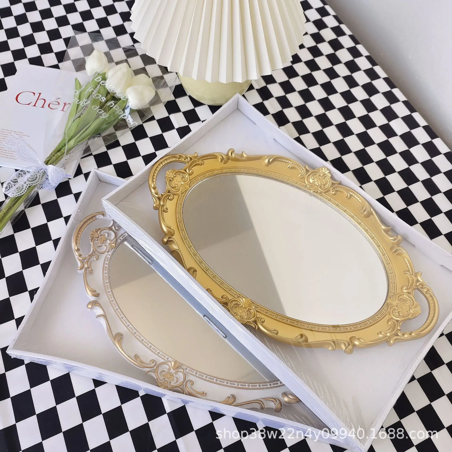 French retro glass mirror storage tray Instagram style jewelry display mirror with hand gift tabletop decoration ornaments