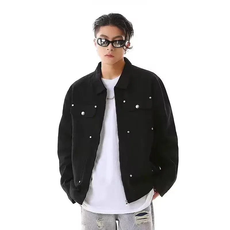 

American High Street Sle Zipper Men's Denim Jaet Loose Fit Spring Autumn Faion Brand Workwear with kets And Collar