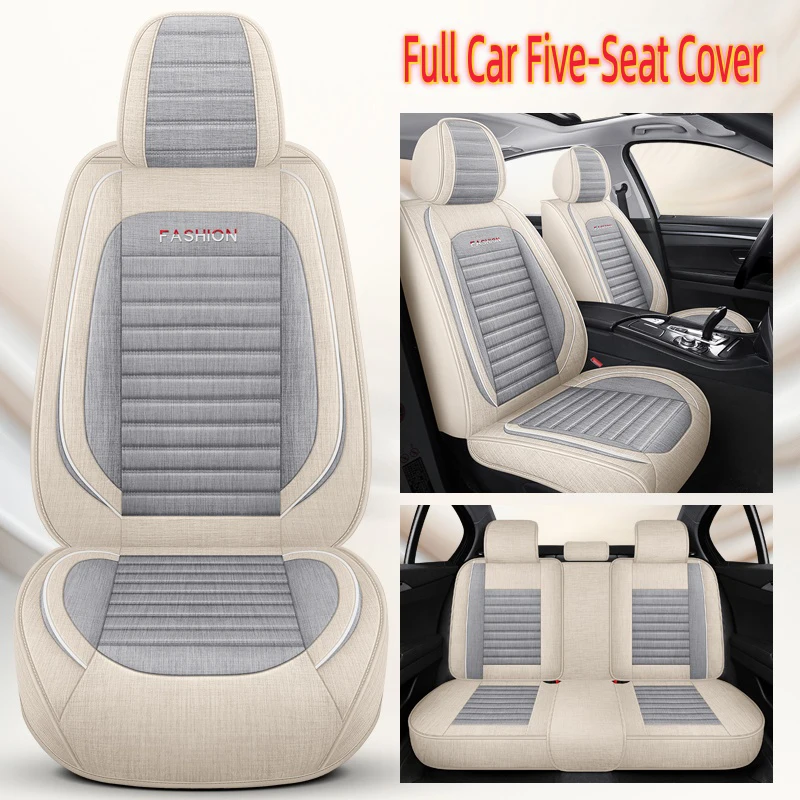 Linen Material Full Car Seat Covers for 5 Seats, Comfortable and Breathable, Suitable for All Seasons, with Three-Dimensional Side Support, Classic Color Options Available, Suitable for Most Car Models