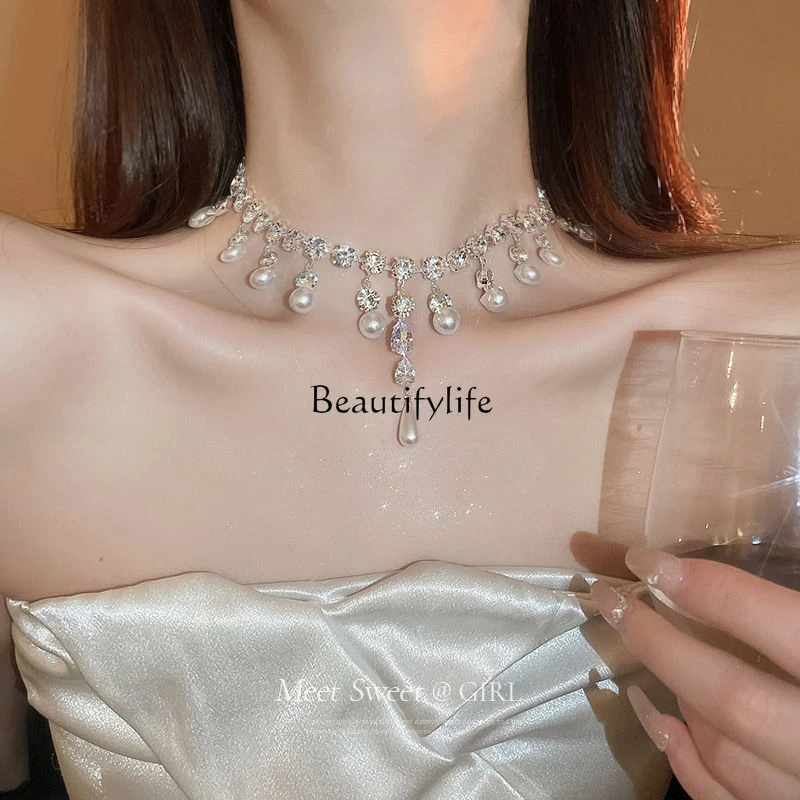 Water drop zircon rhinestone pearl tassel light luxury niche collarbone high-end dress accessories