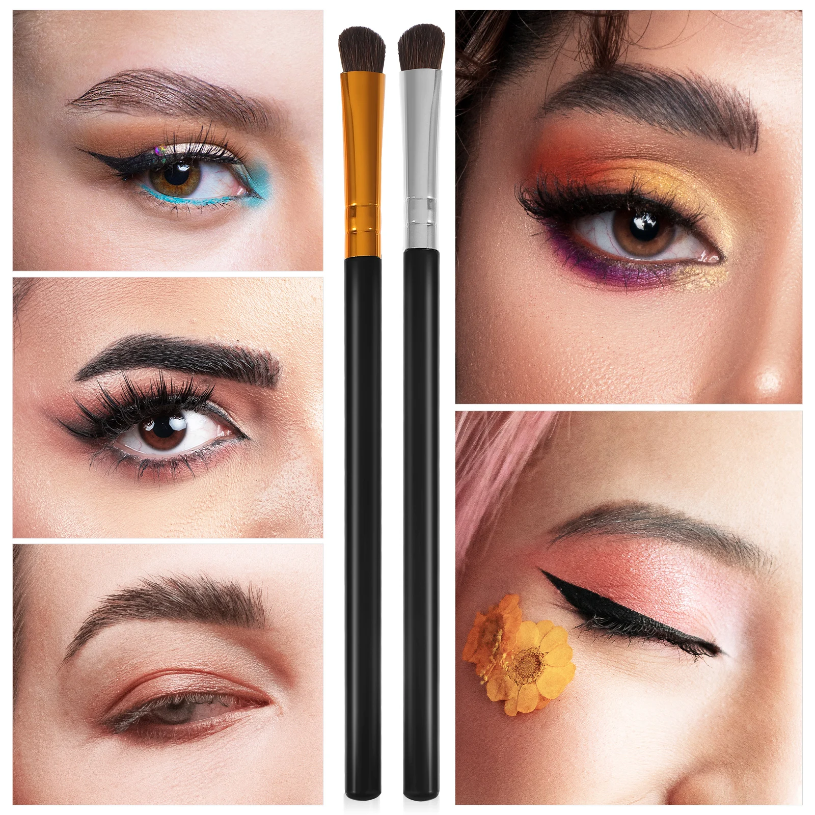 

6pcs Eye Shadow Brushes Plastic Handle Soft Horse Hair 3 Black 3 Gold Eyeshadow Makeup Blending Brush Set Travel Size