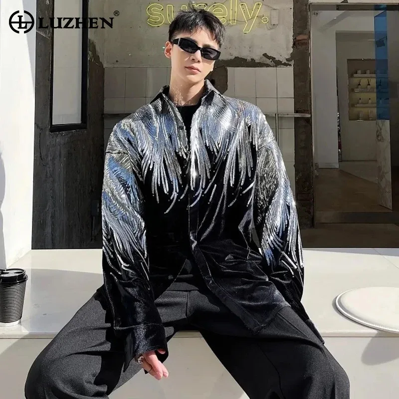 LUZHEN Sleeve Design Fashion Long Sequin Shirts Splicing 2025 Tops Flannel Niche Men's Elegant Light Luxury Prom Clothes LZ8957